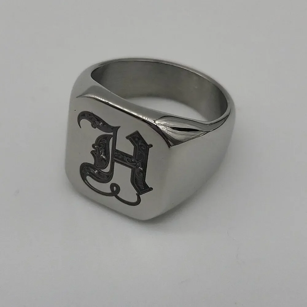 Men’s Stainless Steel Initial H Signet Ring Size 9 Engraved Handmade NWT